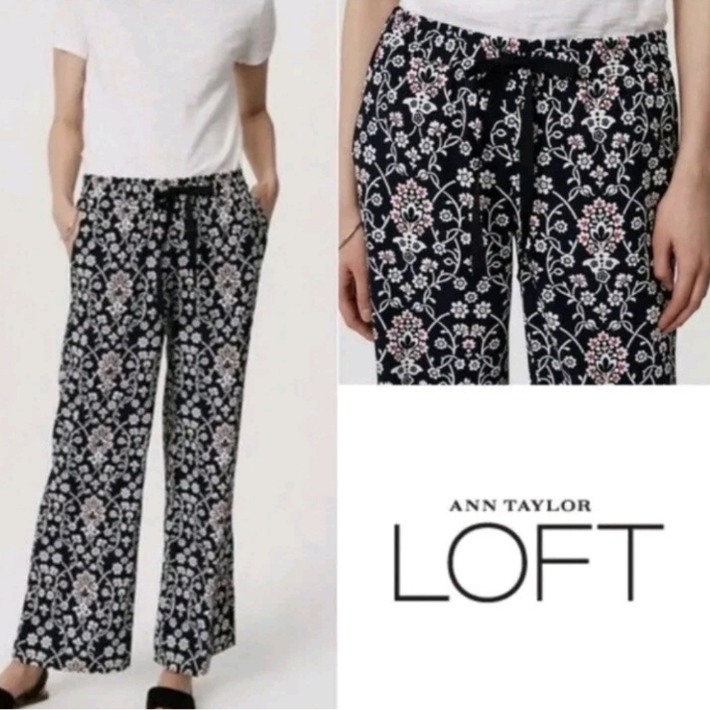 NEW Ann Taylor LOFT Palazzo Pants Navy Floral Wide Leg Size Medium